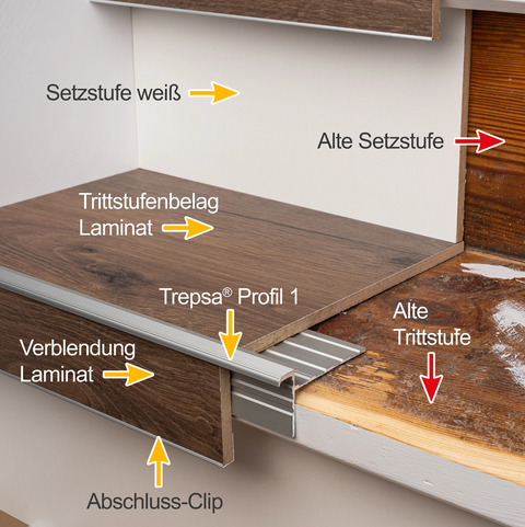 LAMINAT-RENOVIERUNGS-STUFE "Gerade" inkl. TREPSA-Profil